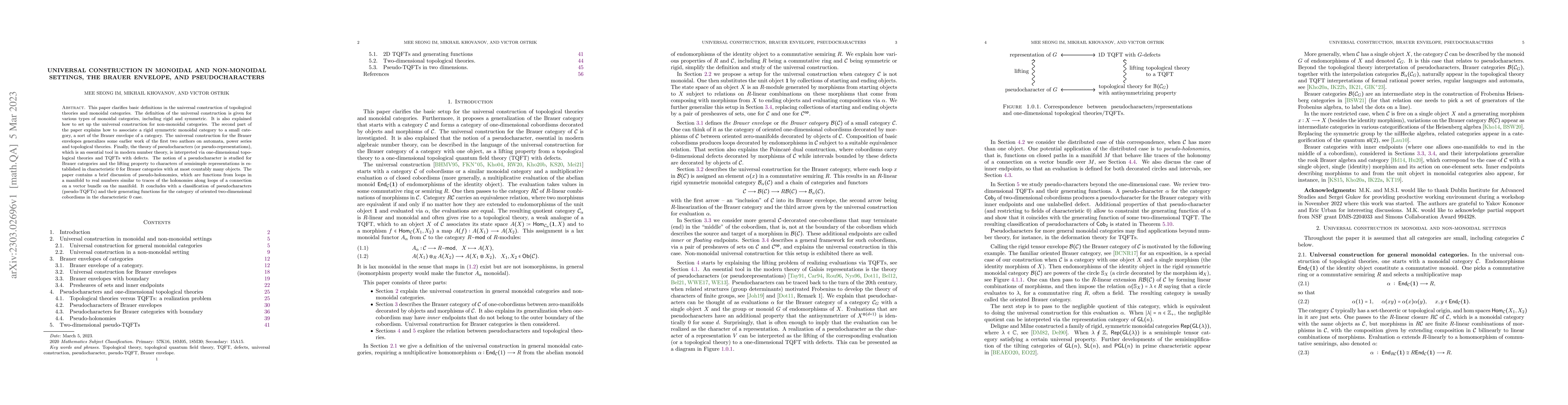 Thumbnail for Universal construction in monoidal and non-monoidal settings, the Brauer
  envelope, and pseudocharacters