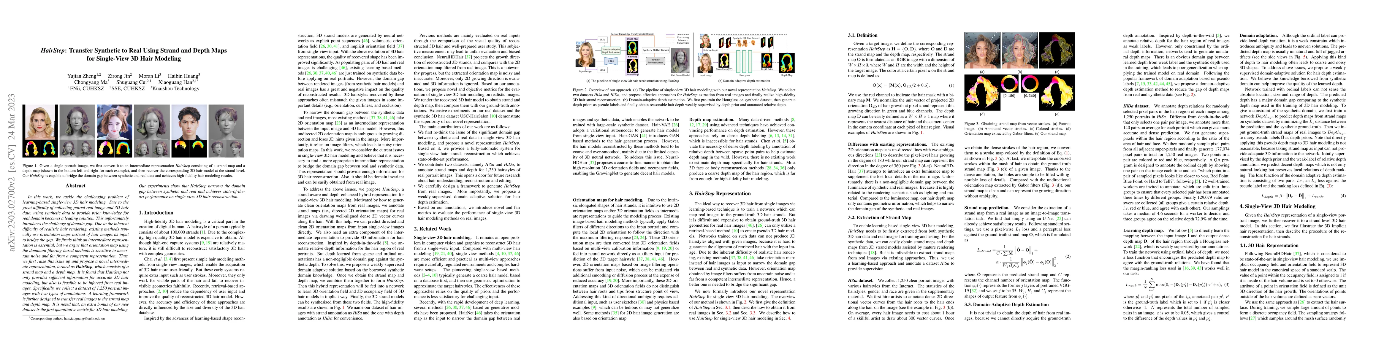 Thumbnail for HairStep: Transfer Synthetic to Real Using Strand and Depth Maps for
  Single-View 3D Hair Modeling