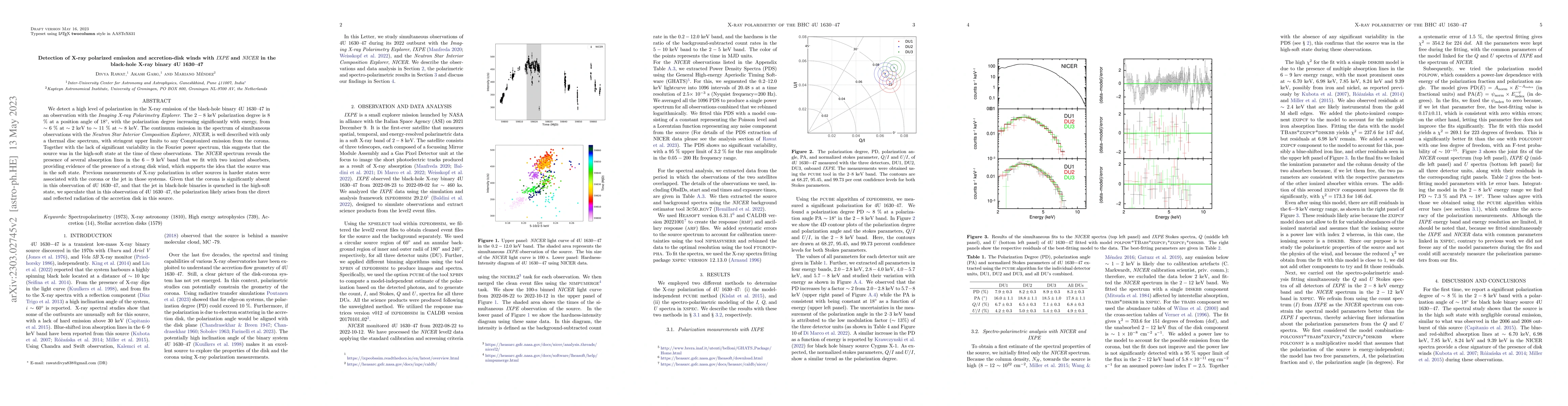 Thumbnail for Detection of X-ray polarized emission and accretion-disk winds with IXPE
  and NICER in the black-hole X-ray binary 4U 1630-47