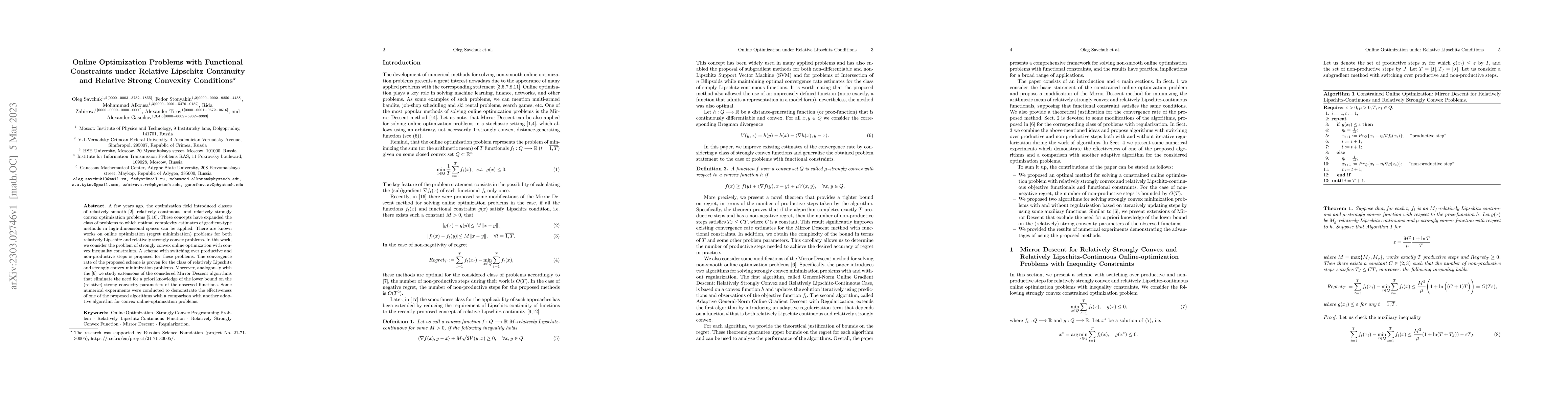 Thumbnail for Online Optimization Problems with Functional Constraints under Relative
  Lipschitz Continuity and Relative Strong Convexity Conditions