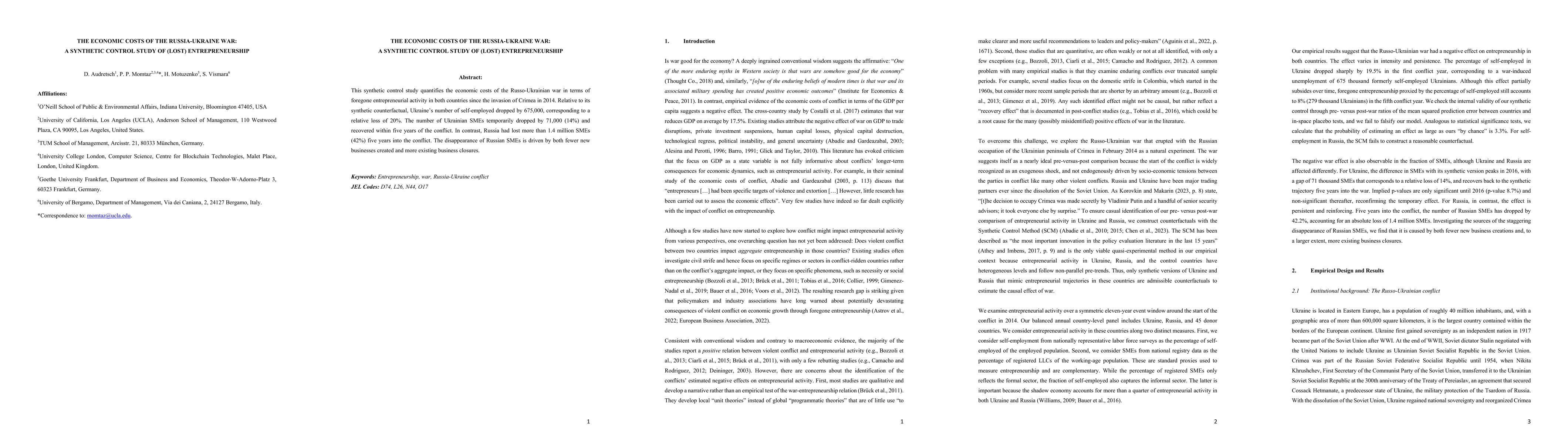 Thumbnail for The Economic Costs of the Russia-Ukraine War: A Synthetic Control Study
  of (Lost) Entrepreneurship