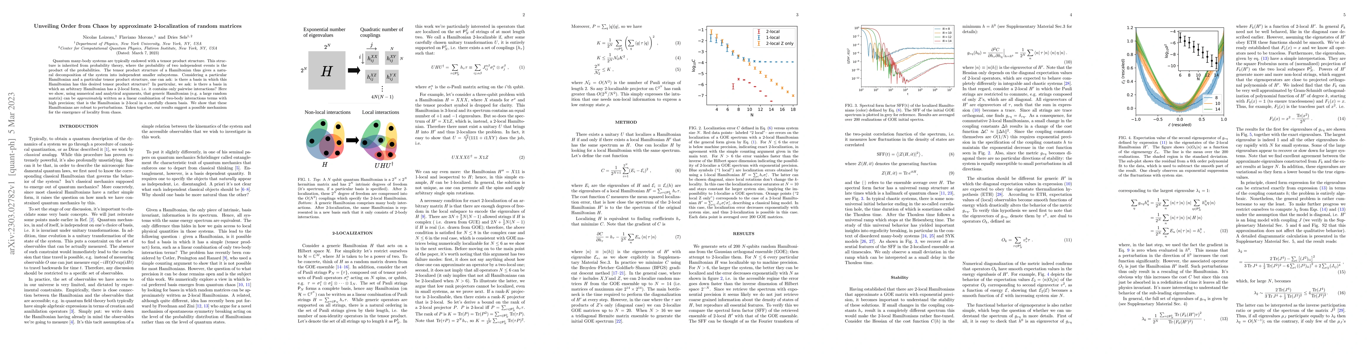 Thumbnail for Unveiling Order from Chaos by approximate 2-localization of random
  matrices