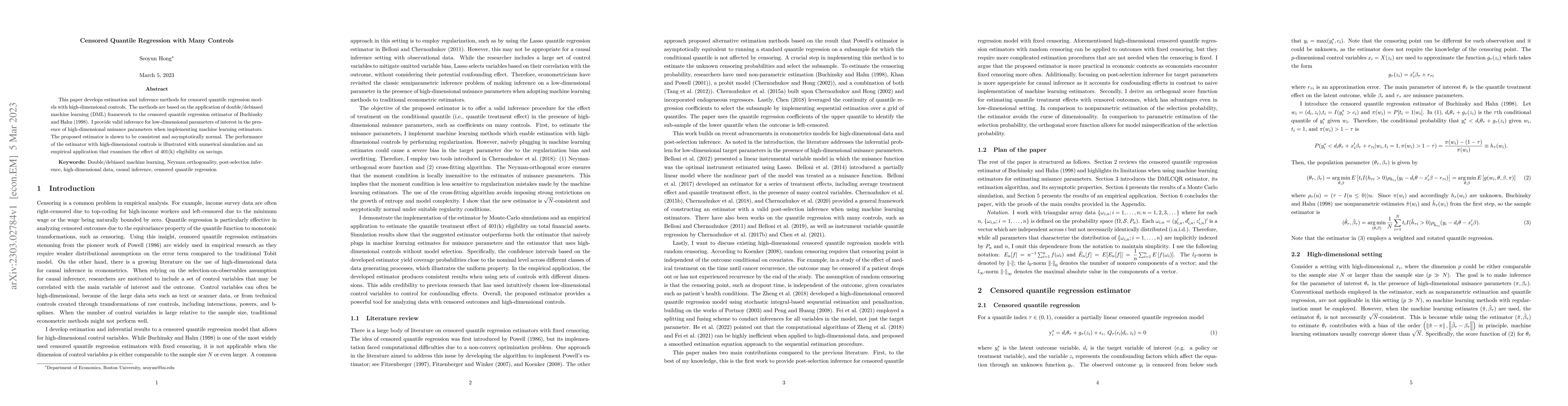 Thumbnail for Censored Quantile Regression with Many Controls