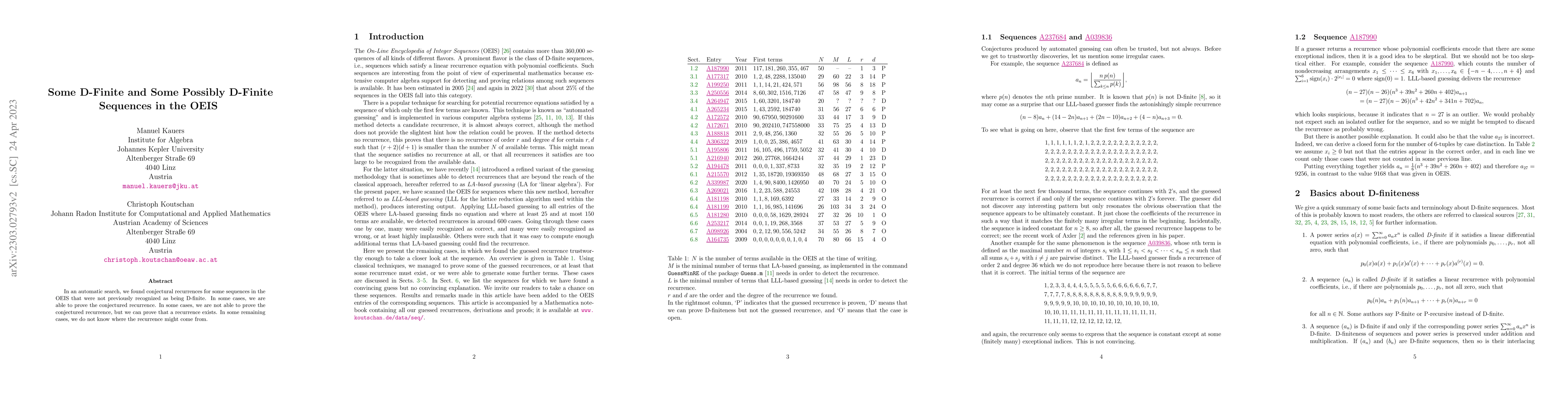 Thumbnail for Some D-finite and Some Possibly D-finite Sequences in the OEIS