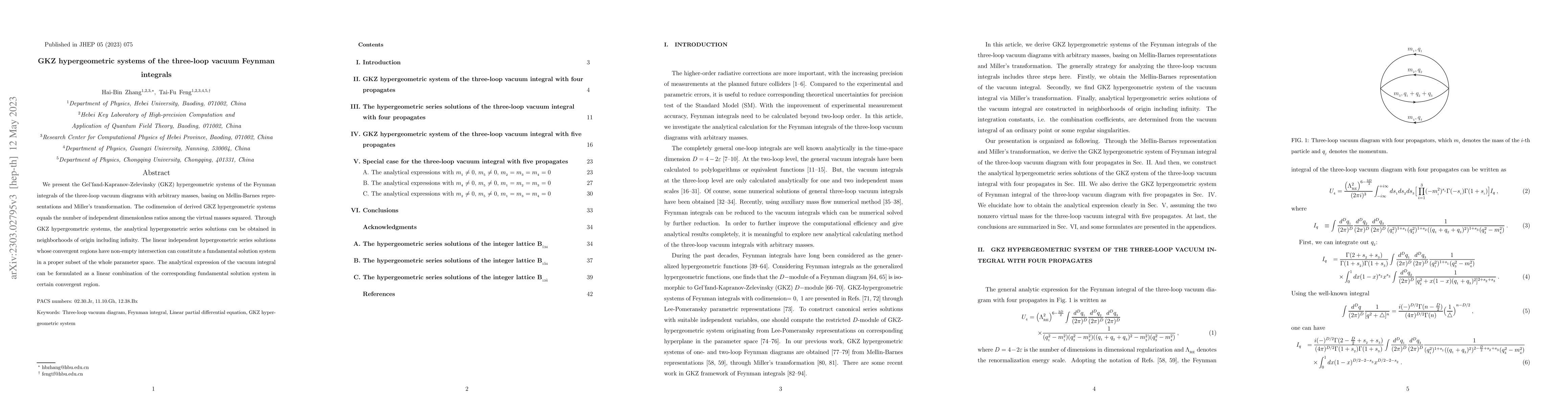 Thumbnail for GKZ hypergeometric systems of the three-loop vacuum Feynman integrals