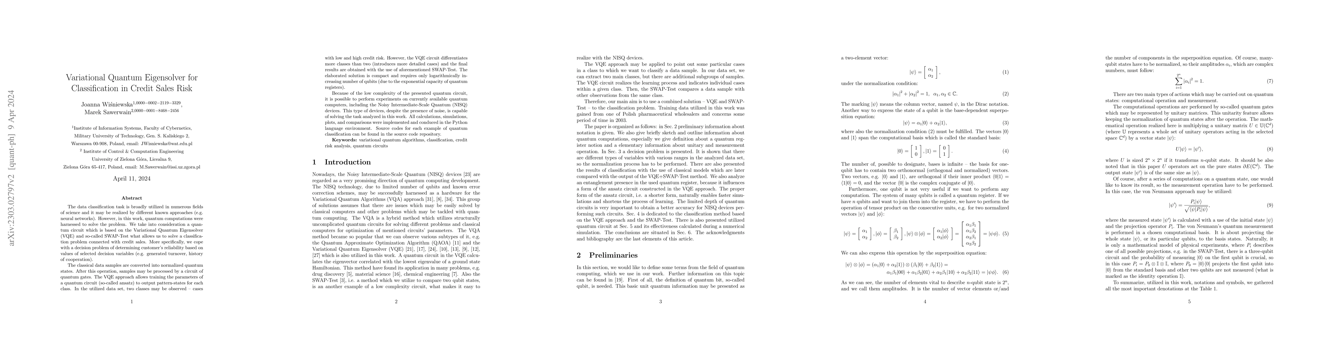Thumbnail for Variational Quantum Eigensolver for Classification in Credit Sales Risk