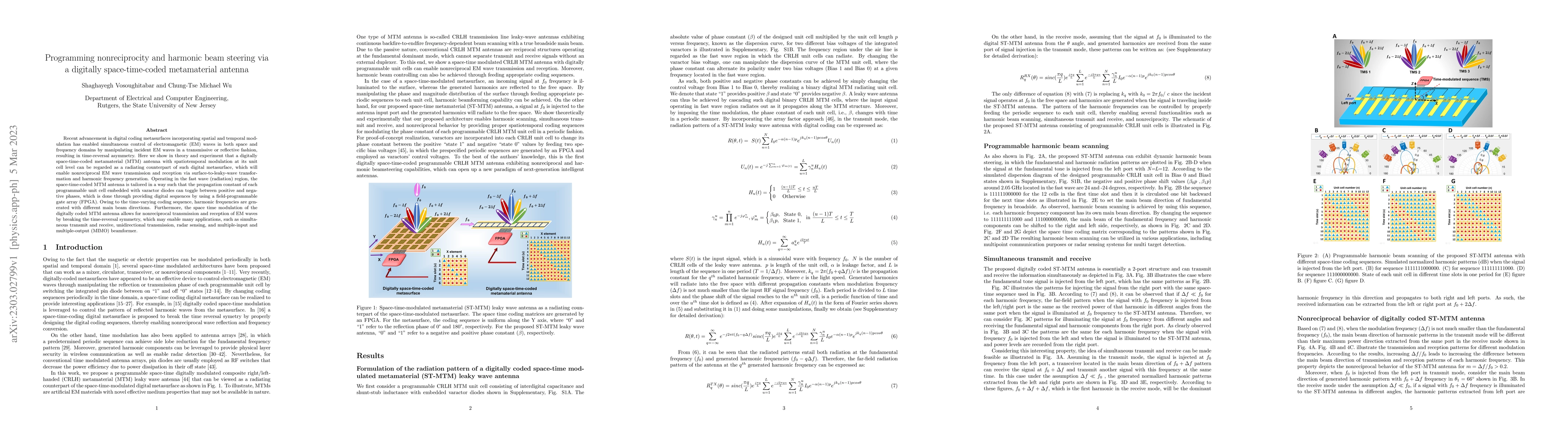Thumbnail for Programming nonreciprocity and harmonic beam steering via a digitally
  space-time-coded metamaterial antenna