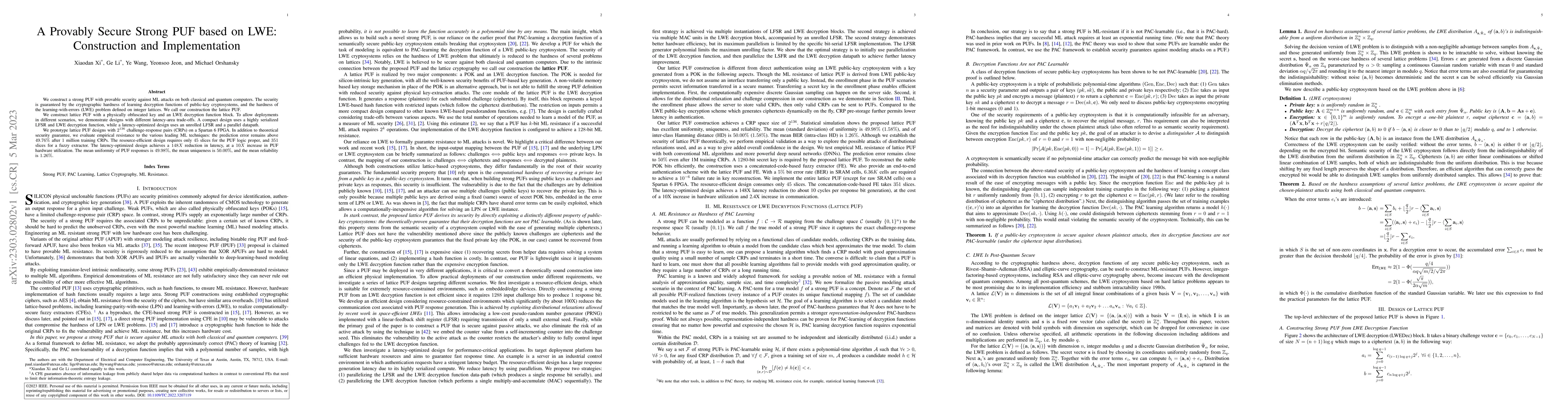 Thumbnail for A Provably Secure Strong PUF based on LWE: Construction and
  Implementation