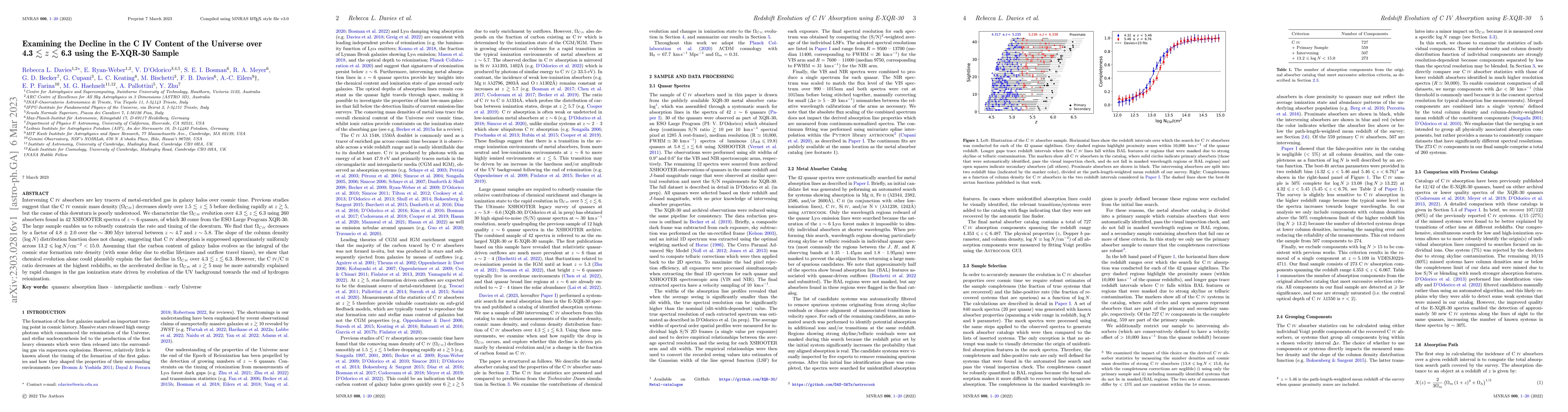 Thumbnail for Examining the Decline in the C IV Content of the Universe over 4.3 < z <
  6.3 using the E-XQR-30 Sample