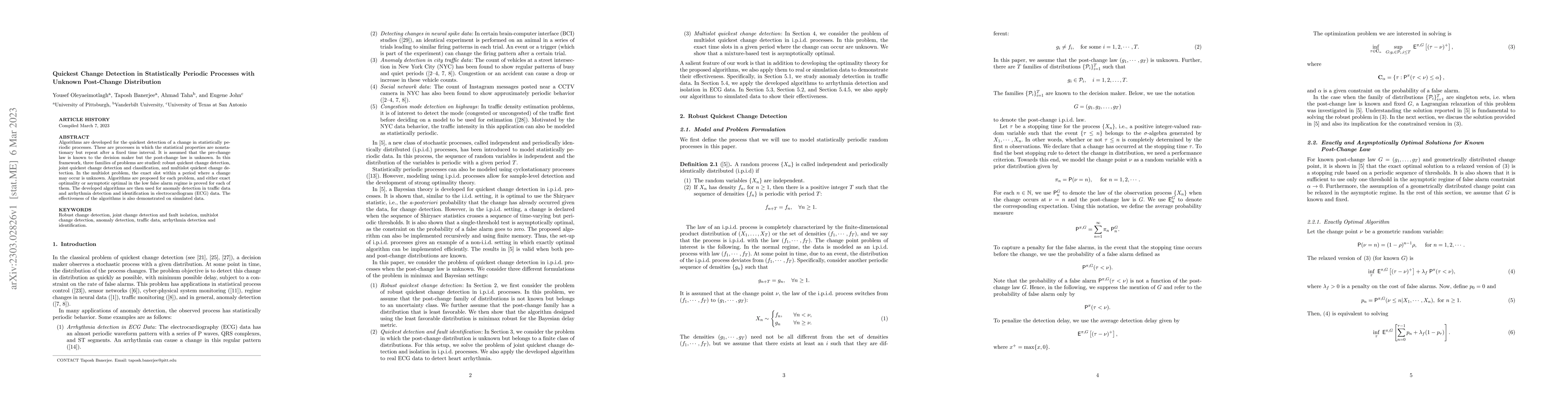 Thumbnail for Quickest Change Detection in Statistically Periodic Processes with
  Unknown Post-Change Distribution