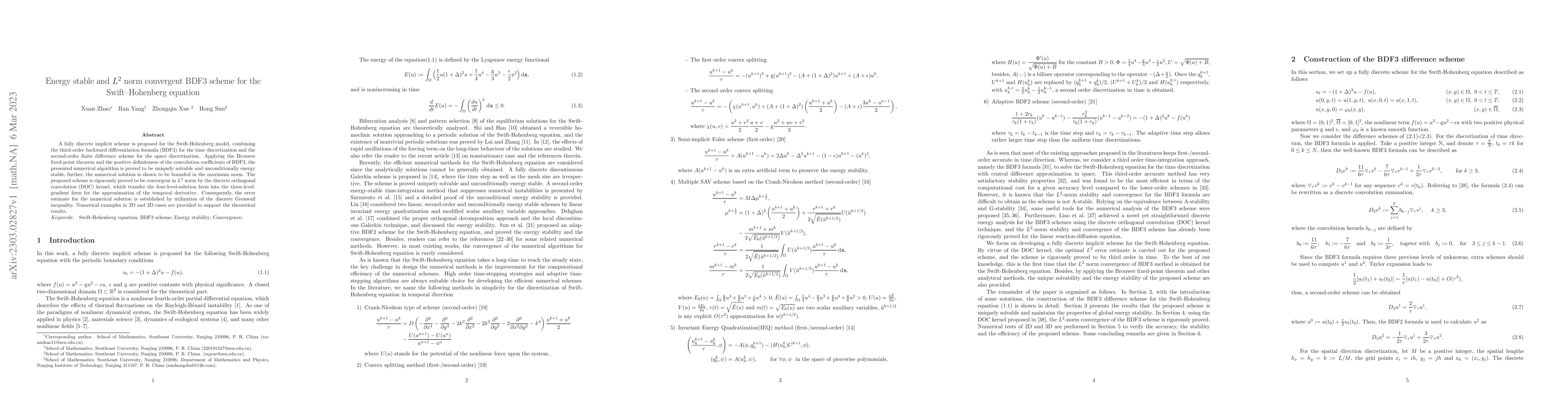Thumbnail for Energy stable and $L^2$ norm convergent BDF3 scheme for the
  Swift-Hohenberg equation