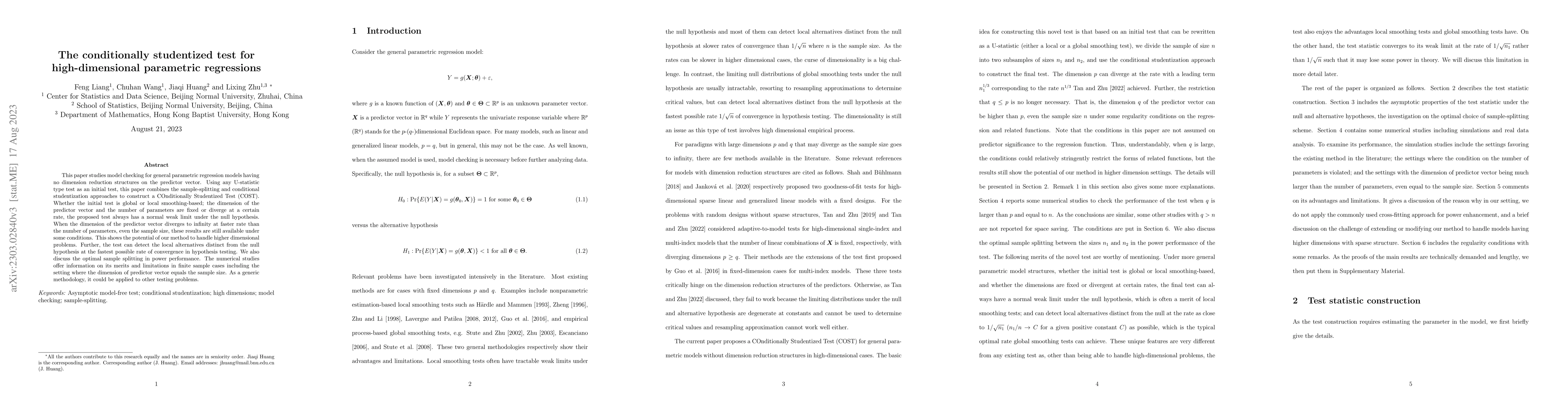 Thumbnail for The conditionally studentized test for high-dimensional parametric
  regressions