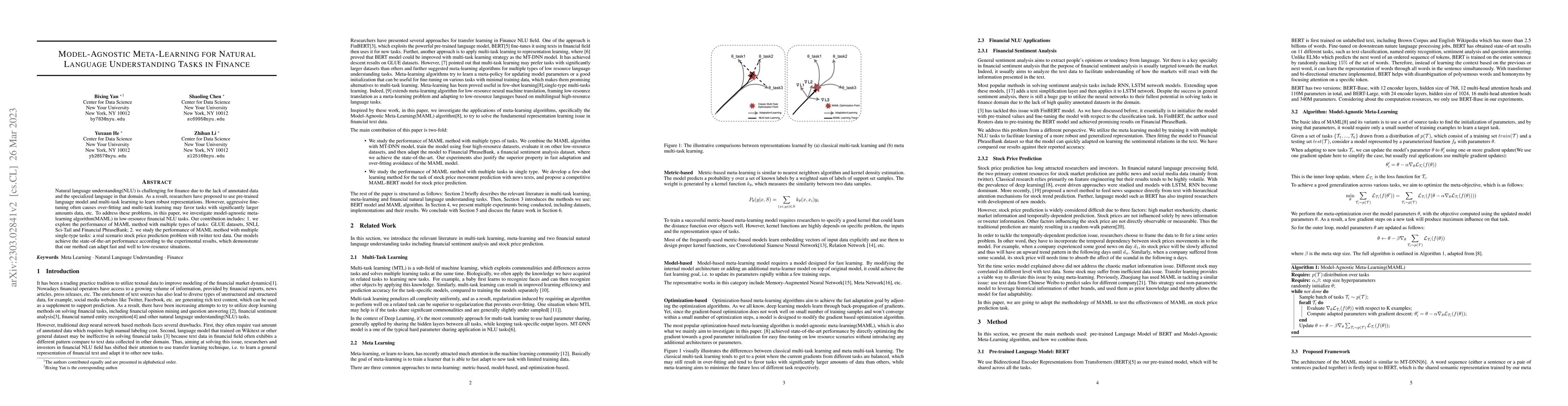 Thumbnail for Model-Agnostic Meta-Learning for Natural Language Understanding Tasks in
  Finance