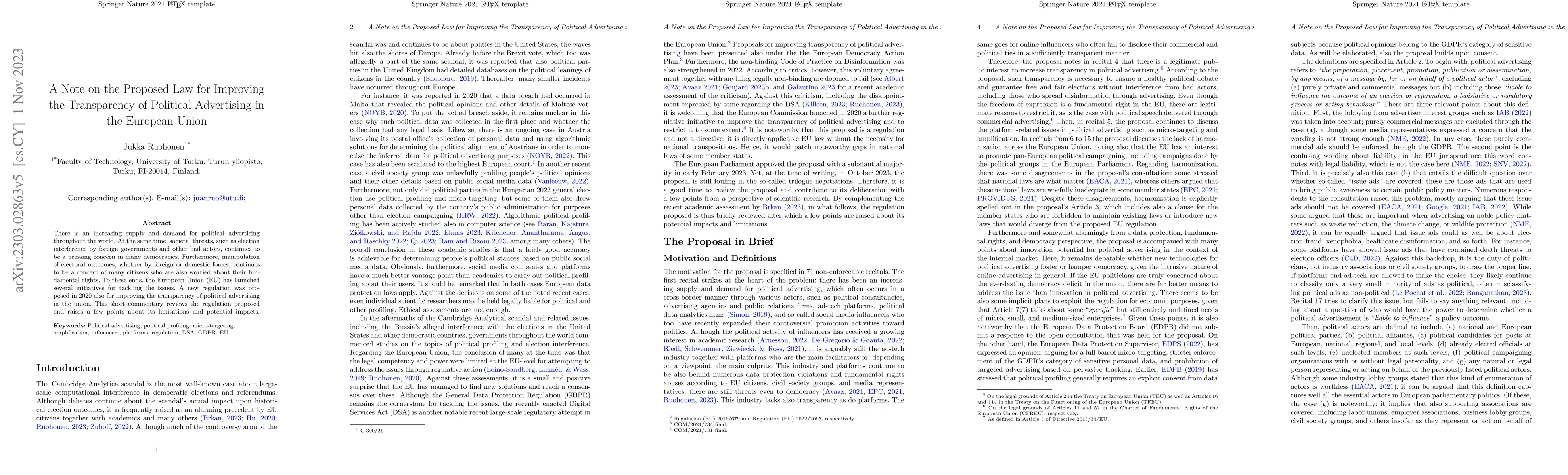 Thumbnail for A Note on the Proposed Law for Improving the Transparency of Political
  Advertising in the European Union