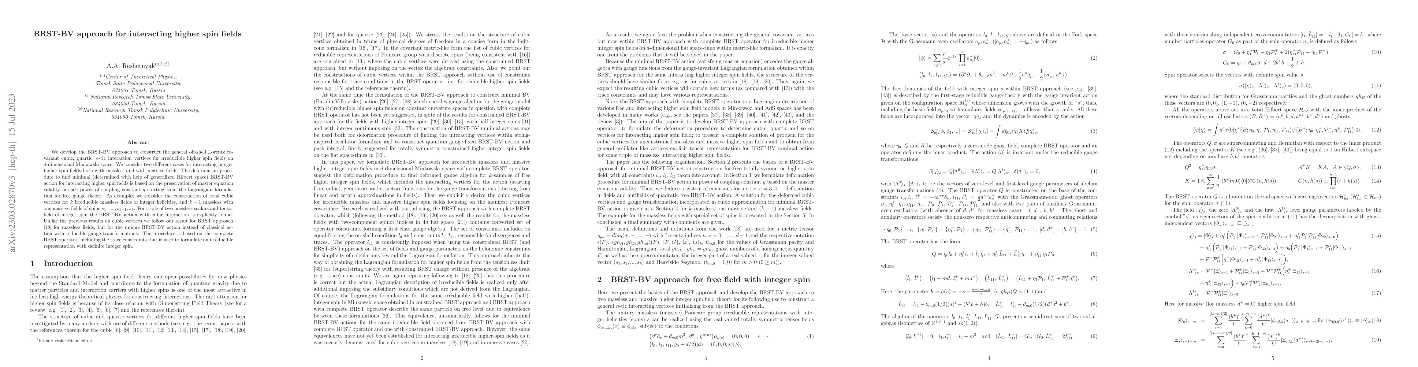 Thumbnail for BRST-BV approach for interacting higher spin fields