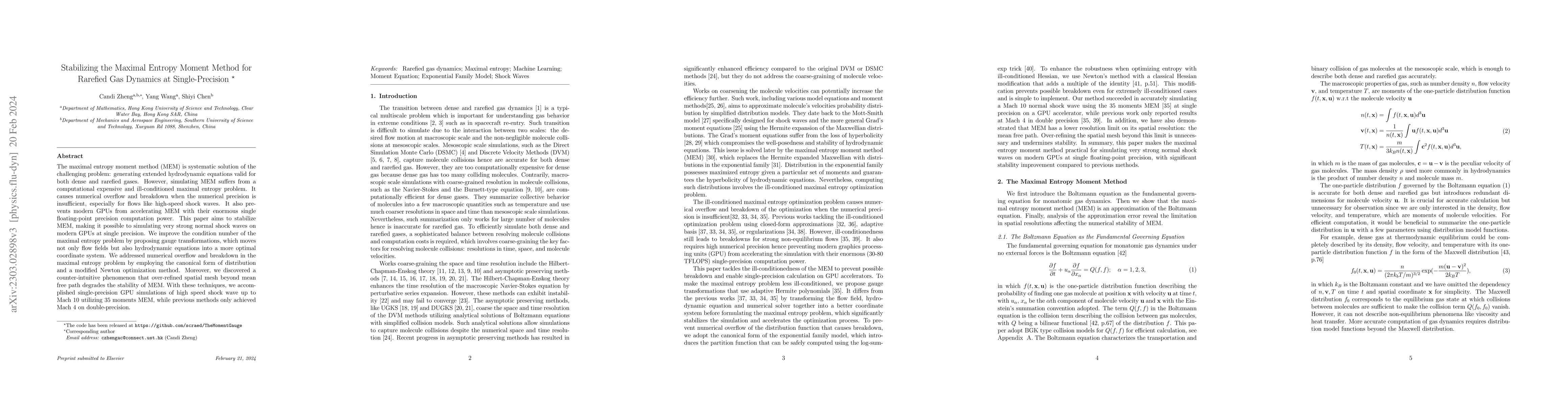 Thumbnail for Stabilizing the Maximal Entropy Moment Method for Rarefied Gas Dynamics
  at Single-Precision