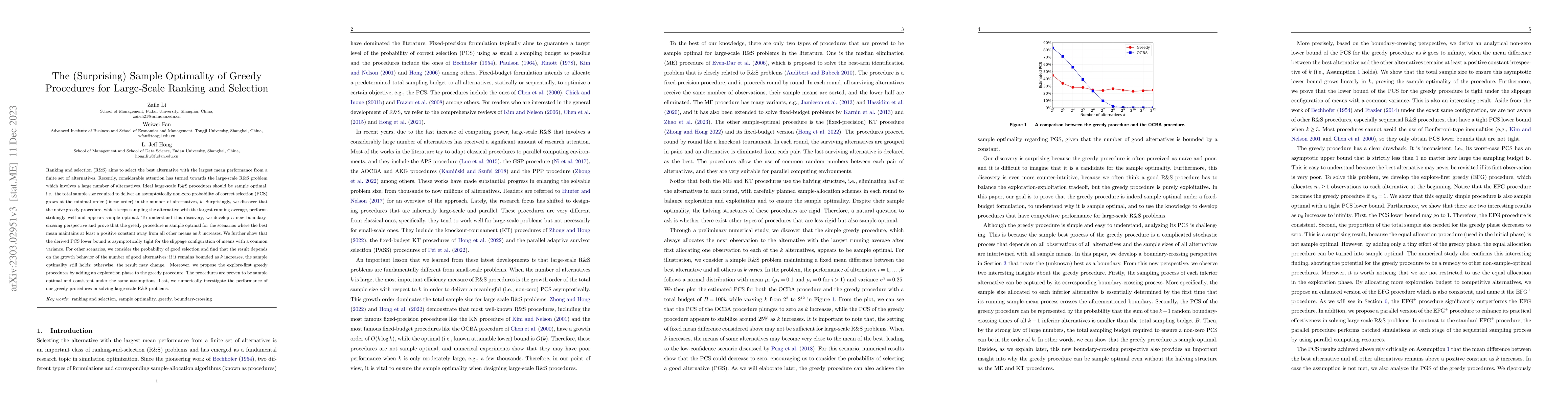 Thumbnail for The (Surprising) Sample Optimality of Greedy Procedures for Large-Scale
  Ranking and Selection