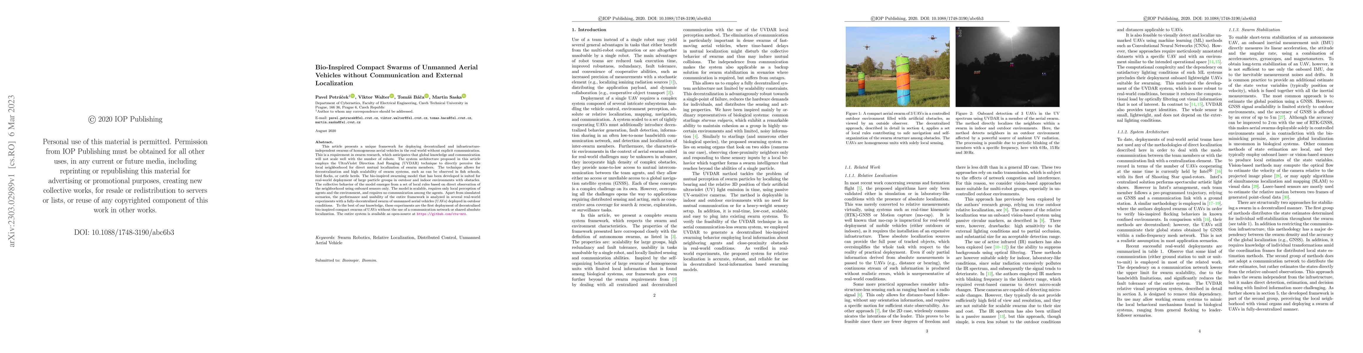 Thumbnail for Bio-Inspired Compact Swarms of Unmanned Aerial Vehicles without
  Communication and External Localization
