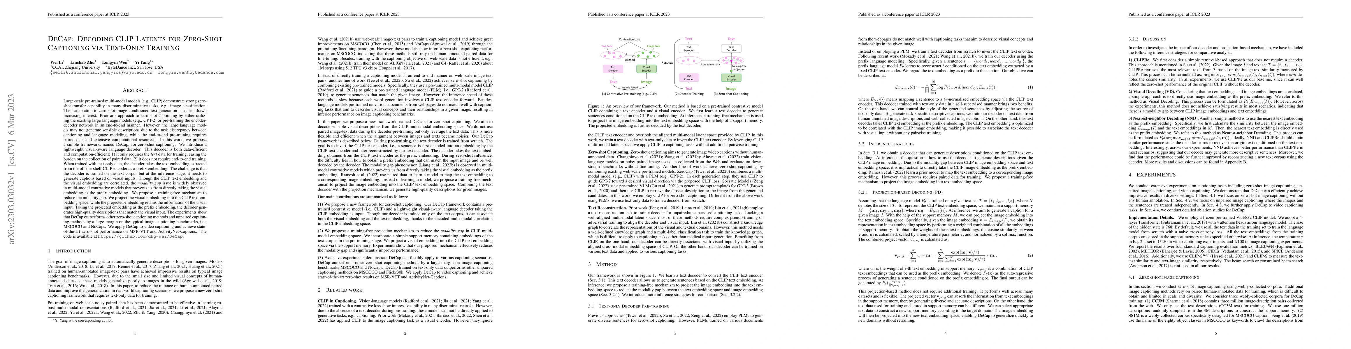 Thumbnail for DeCap: Decoding CLIP Latents for Zero-Shot Captioning via Text-Only
  Training