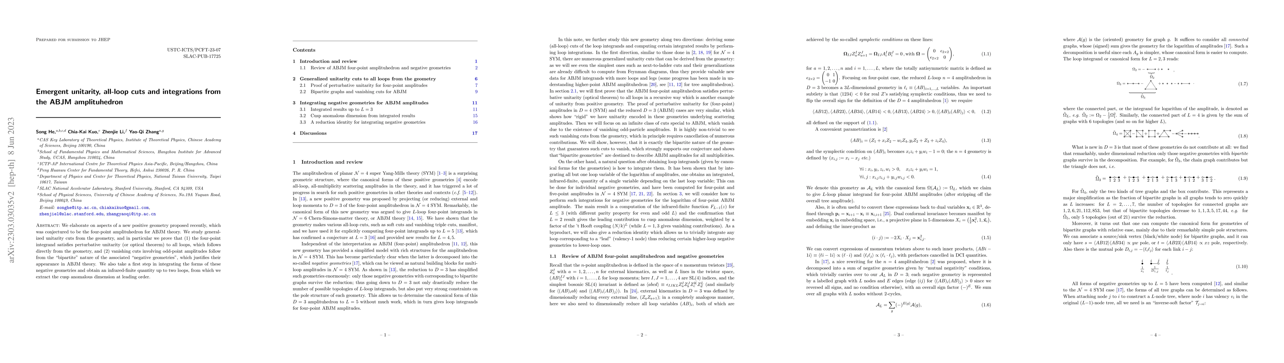 Thumbnail for Emergent unitarity, all-loop cuts and integrations from the ABJM
  amplituhedron