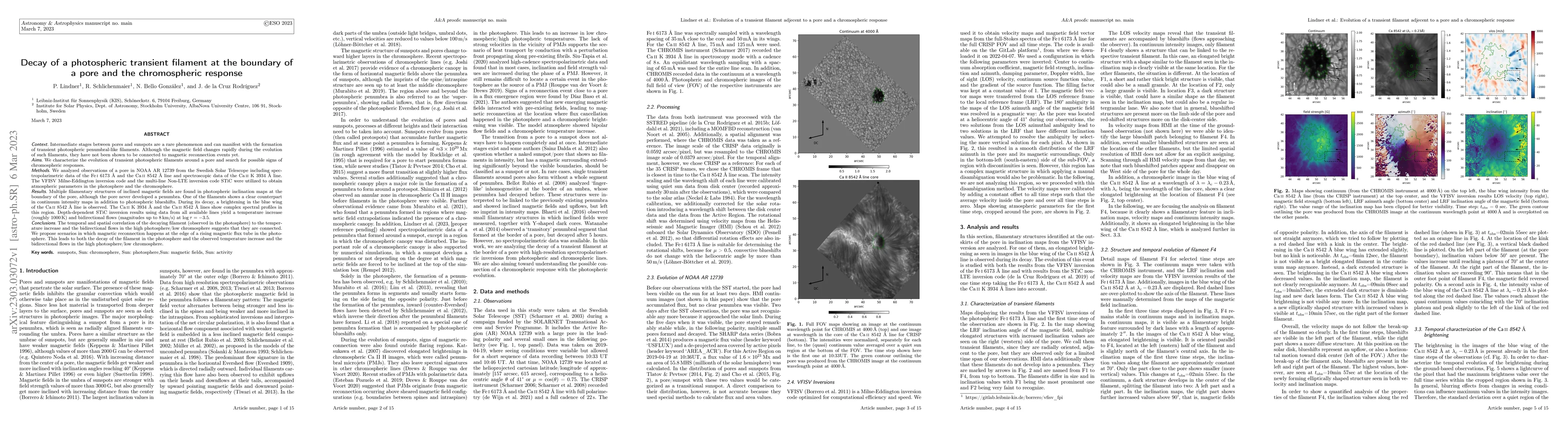 Thumbnail for Decay of a photospheric transient filament at the boundary of a pore and
  the chromospheric response