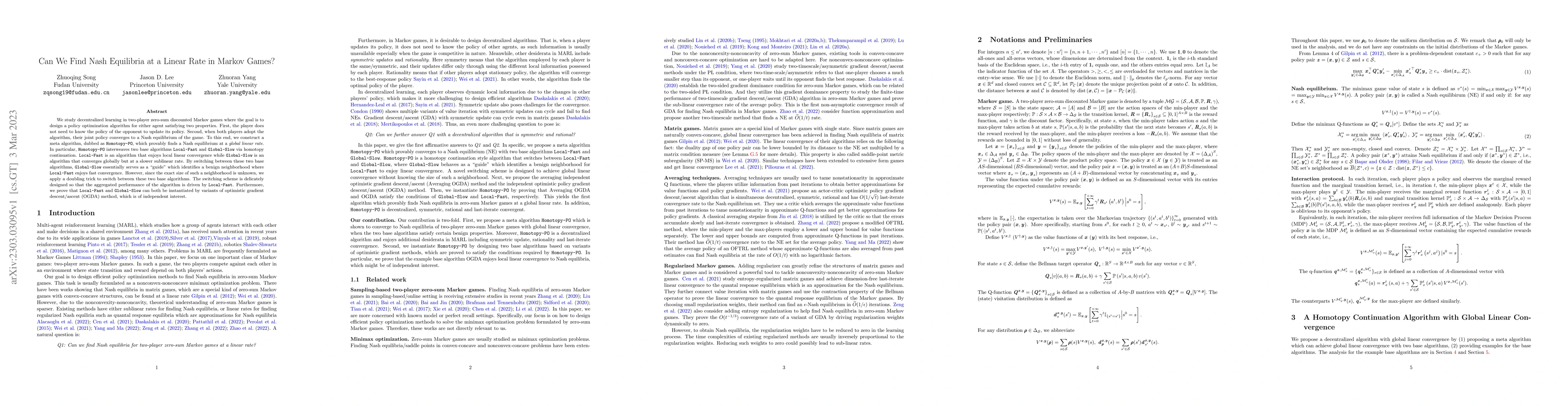 Thumbnail for Can We Find Nash Equilibria at a Linear Rate in Markov Games?