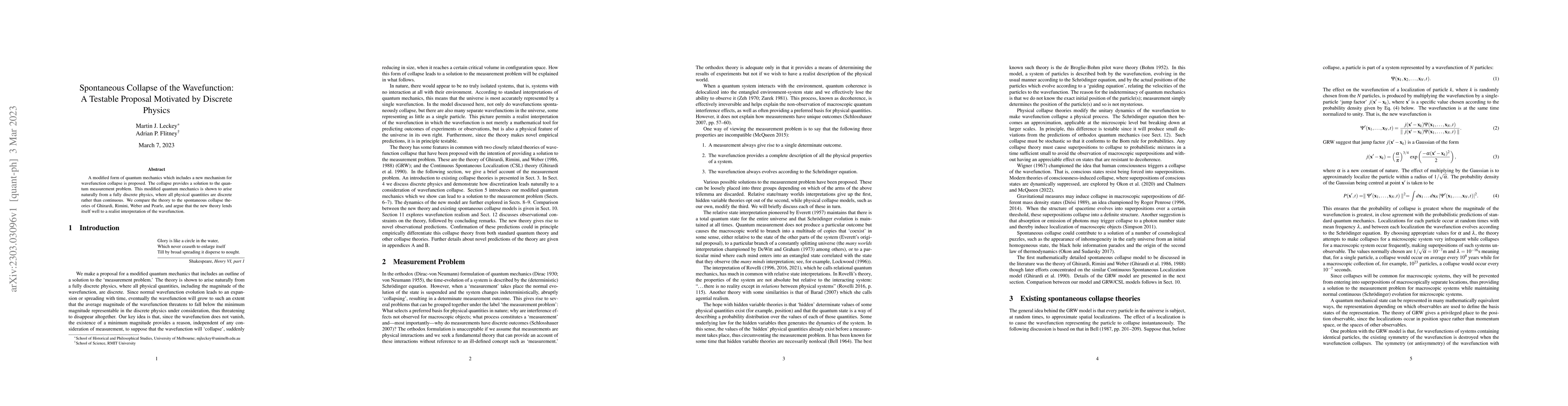 Thumbnail for Spontaneous Collapse of the Wavefunction: A Testable Proposal Motivated
  by Discrete Physics