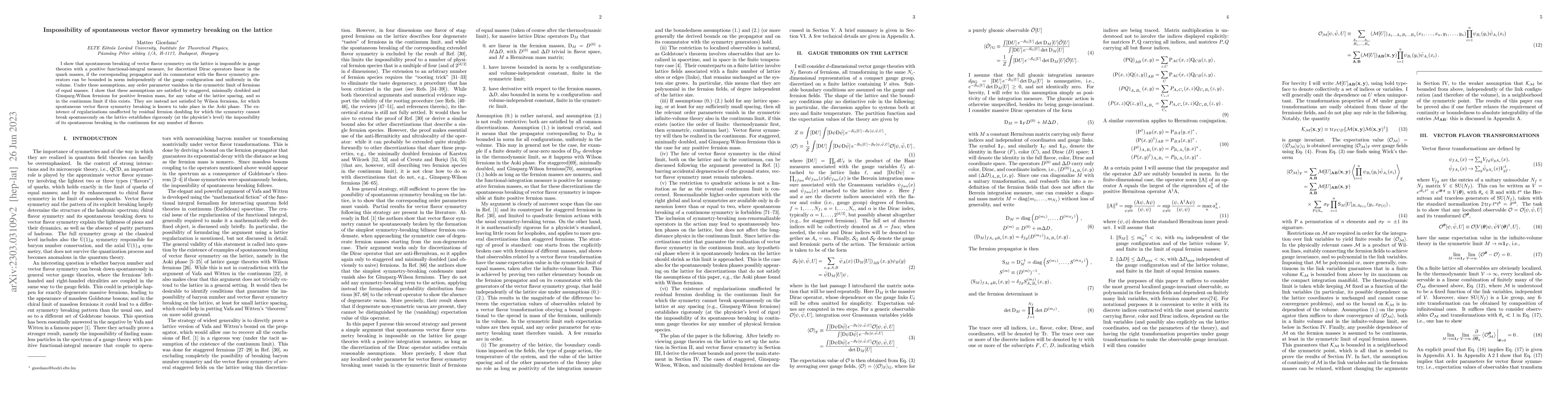 Thumbnail for Impossibility of spontaneous vector flavor symmetry breaking on the
  lattice
