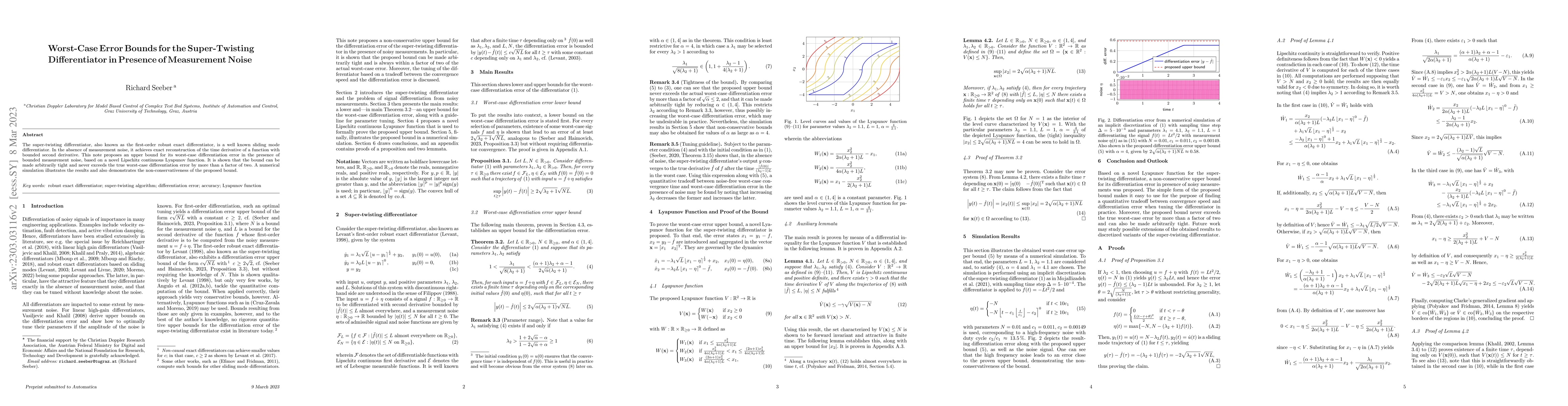 Thumbnail for Worst-case error bounds for the super-twisting differentiator in
  presence of measurement noise