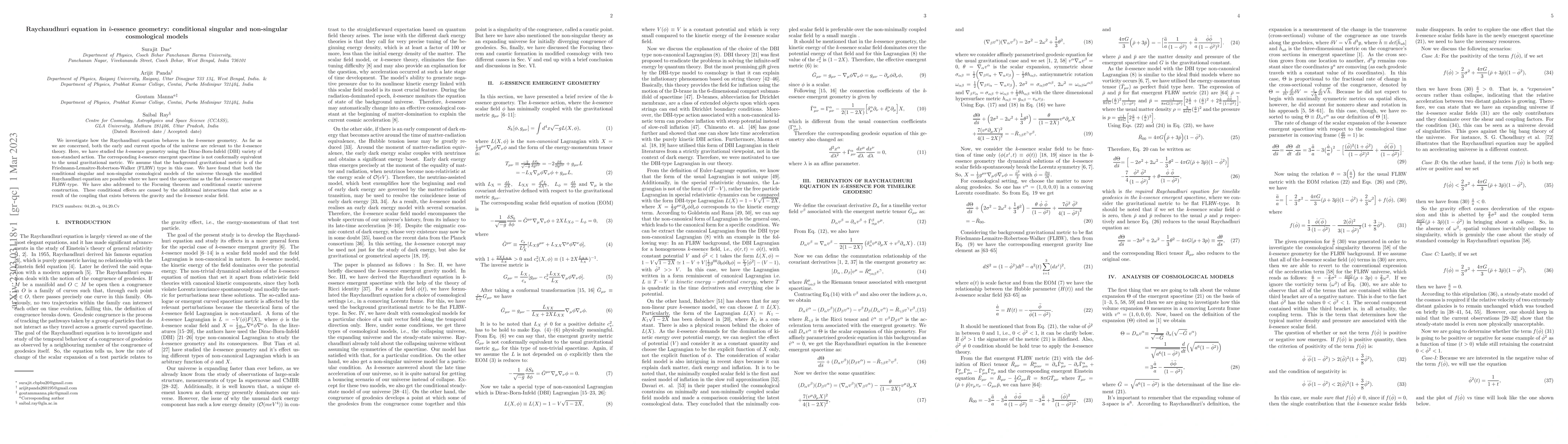 Thumbnail for Raychaudhuri equation in $k$-essence geometry: conditional singular and
  non-singular cosmological models