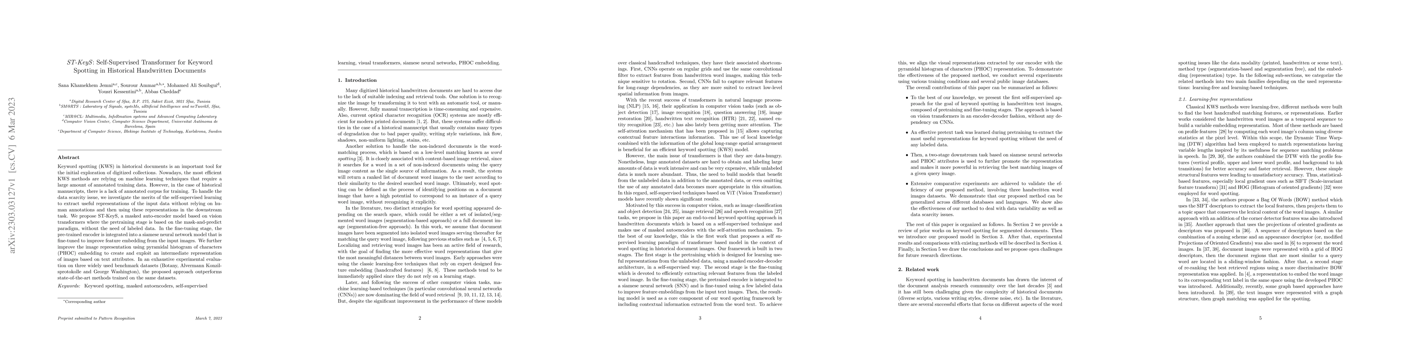 Thumbnail for ST-KeyS: Self-Supervised Transformer for Keyword Spotting in Historical
  Handwritten Documents