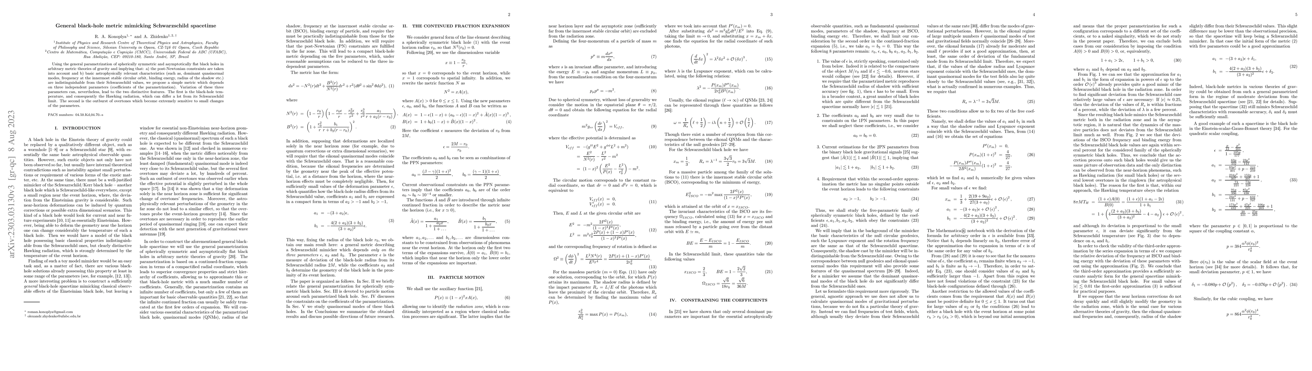 Thumbnail for General black-hole metric mimicking Schwarzschild spacetime