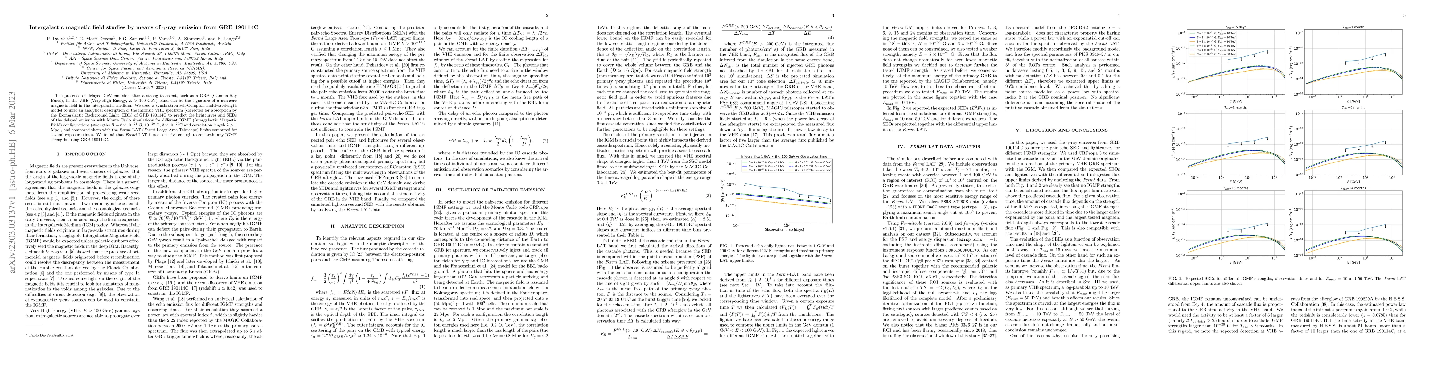 Thumbnail for Intergalactic magnetic field studies by means of $\gamma$-ray emission
  from GRB 190114C