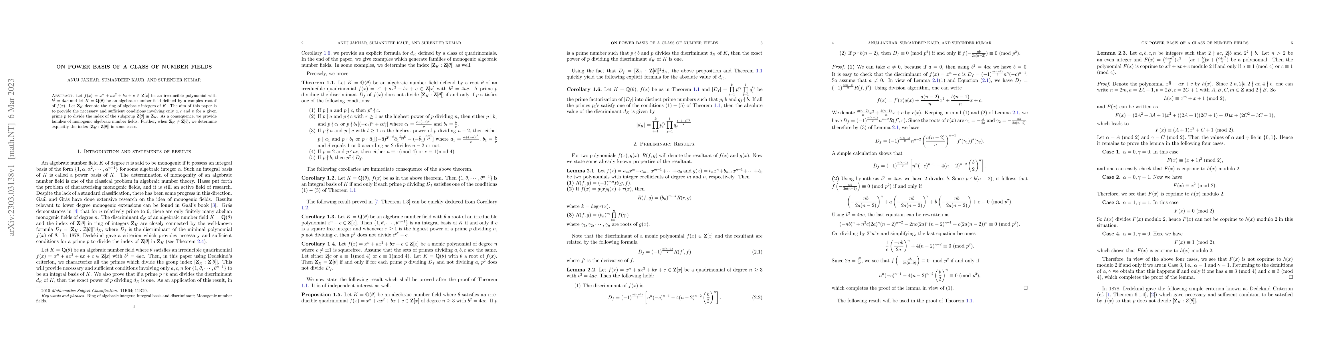 Thumbnail for On power basis of a class of number fields