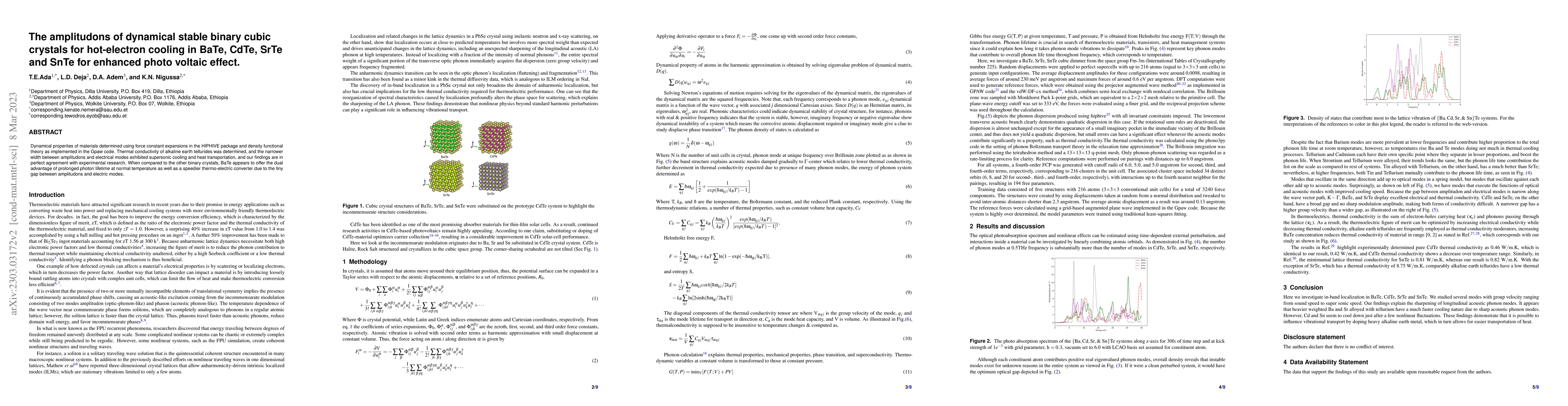 Thumbnail for The amplitudons of dynamical stable binary cubic crystals for
  hot-electron cooling in BaTe, CdTe, SrTe and SnTe for enhanced photo voltaic
  effect
