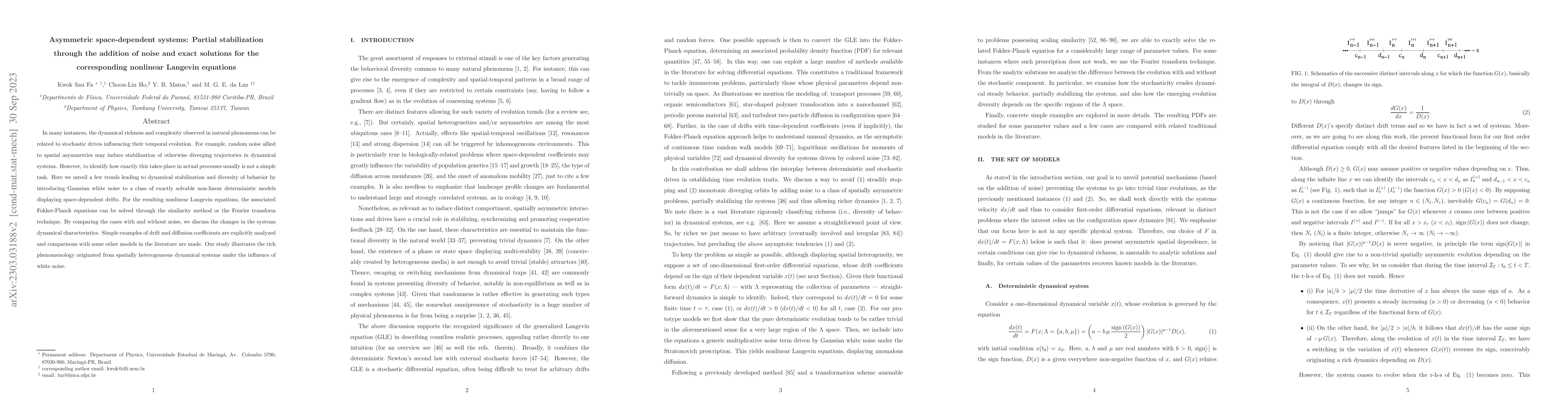 Thumbnail for Asymmetric space-dependent systems: Partial stabilization through the
  addition of noise and exact solutions for the corresponding nonlinear
  Langevin equations