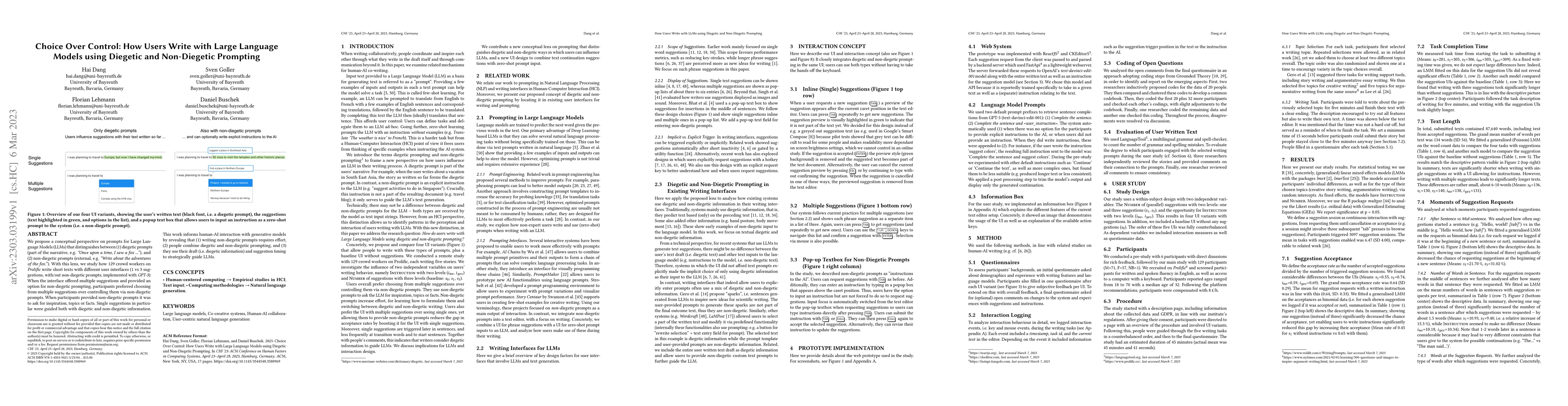 Thumbnail for Choice Over Control: How Users Write with Large Language Models using
  Diegetic and Non-Diegetic Prompting