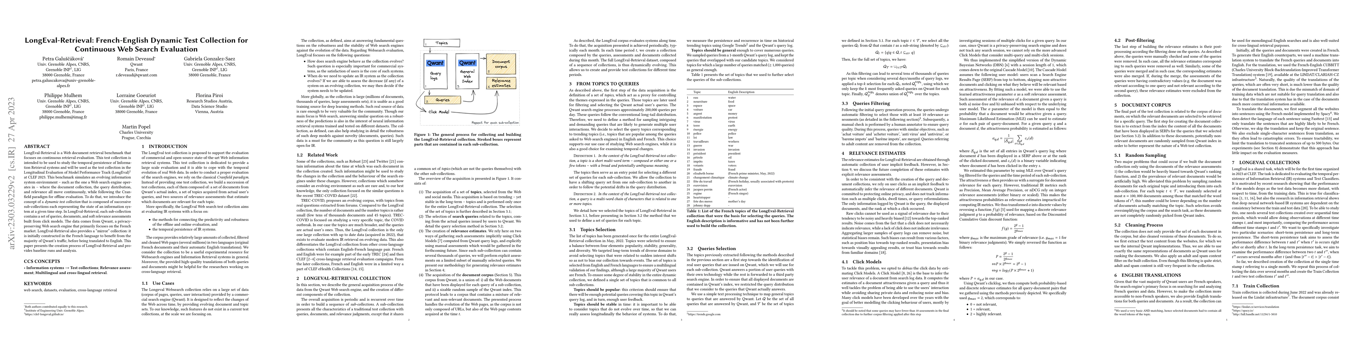 Thumbnail for LongEval-Retrieval: French-English Dynamic Test Collection for
  Continuous Web Search Evaluation