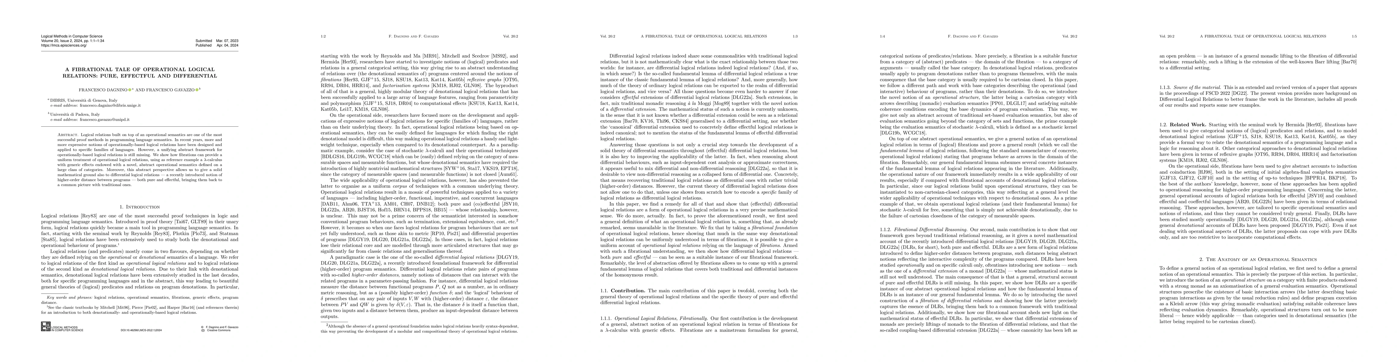 Thumbnail for A Fibrational Tale of Operational Logical Relations: Pure, Effectful and
  Differential