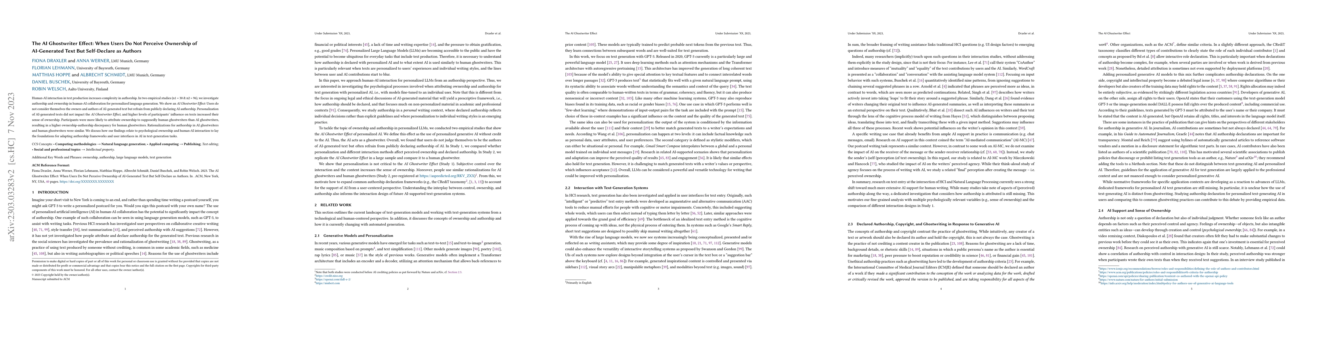 Thumbnail for The AI Ghostwriter Effect: When Users Do Not Perceive Ownership of
  AI-Generated Text But Self-Declare as Authors