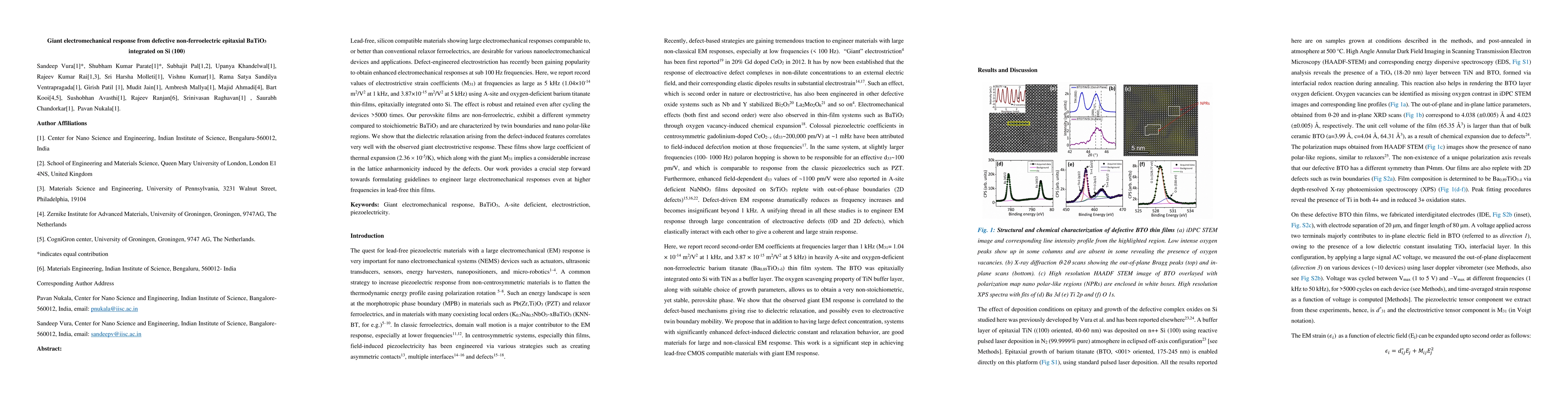 Thumbnail for Giant electromechanical response from defective non-ferroelectric
  epitaxial BaTiO3 integrated on Si 100