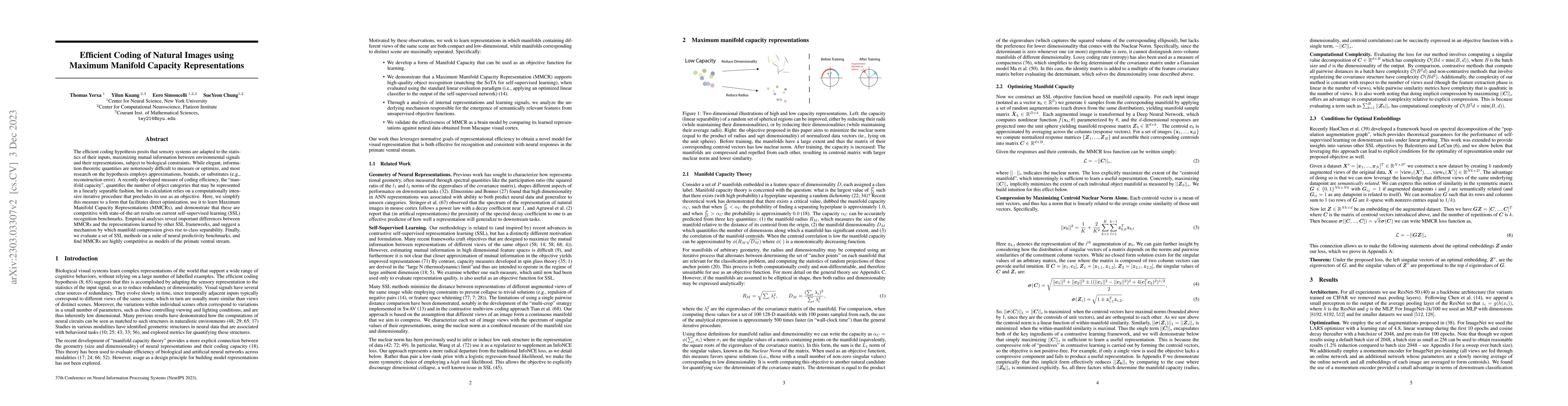 Thumbnail for Learning Efficient Coding of Natural Images with Maximum Manifold
  Capacity Representations