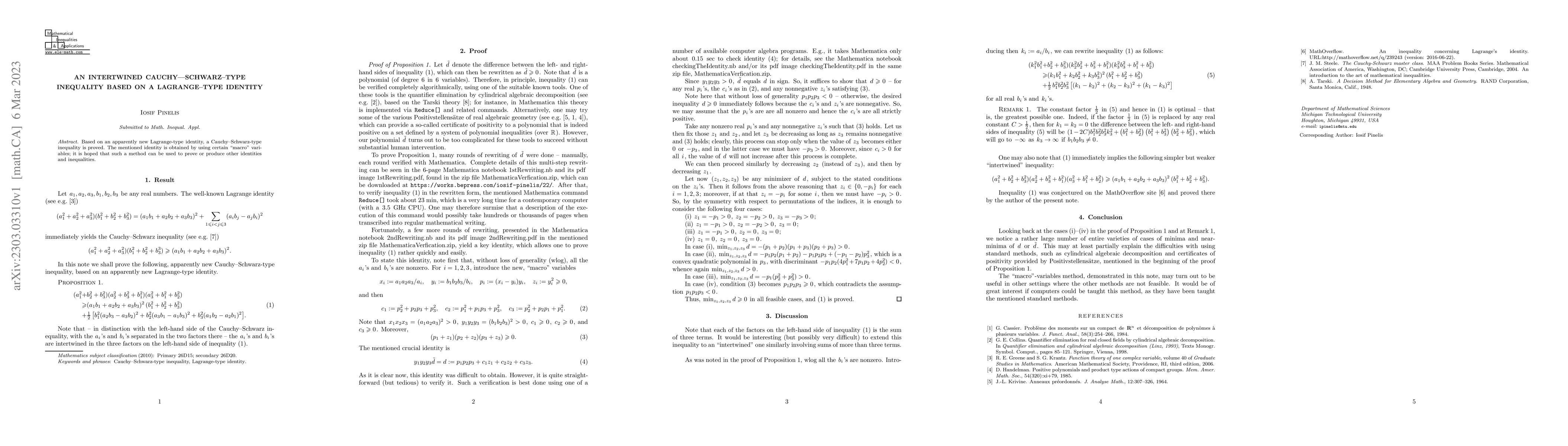 Thumbnail for An intertwined Cauchy--Schwarz-type inequality based on a Lagrange-type
  identity