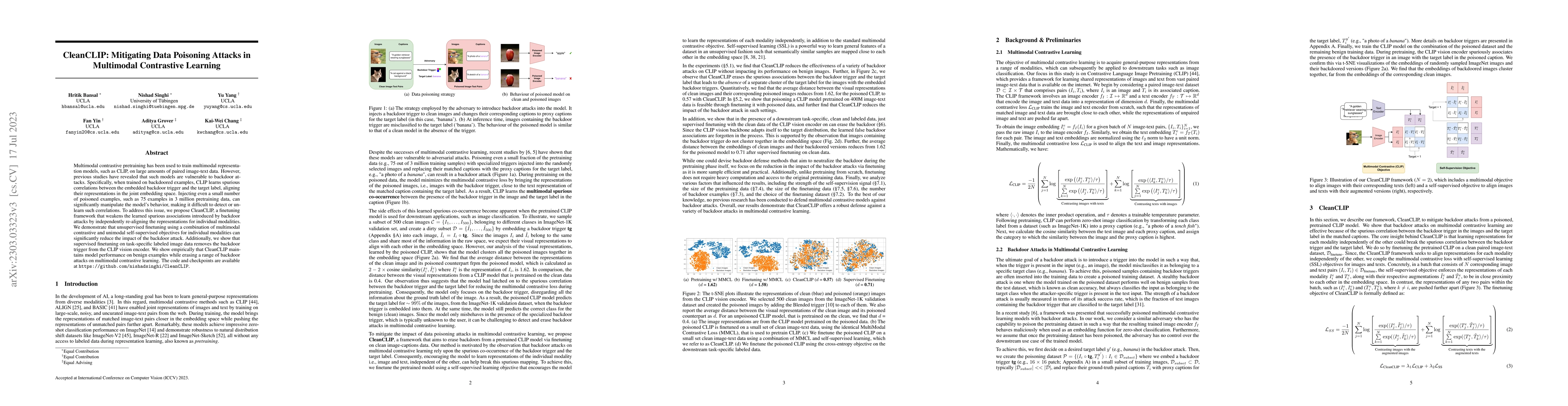 Thumbnail for CleanCLIP: Mitigating Data Poisoning Attacks in Multimodal Contrastive
  Learning