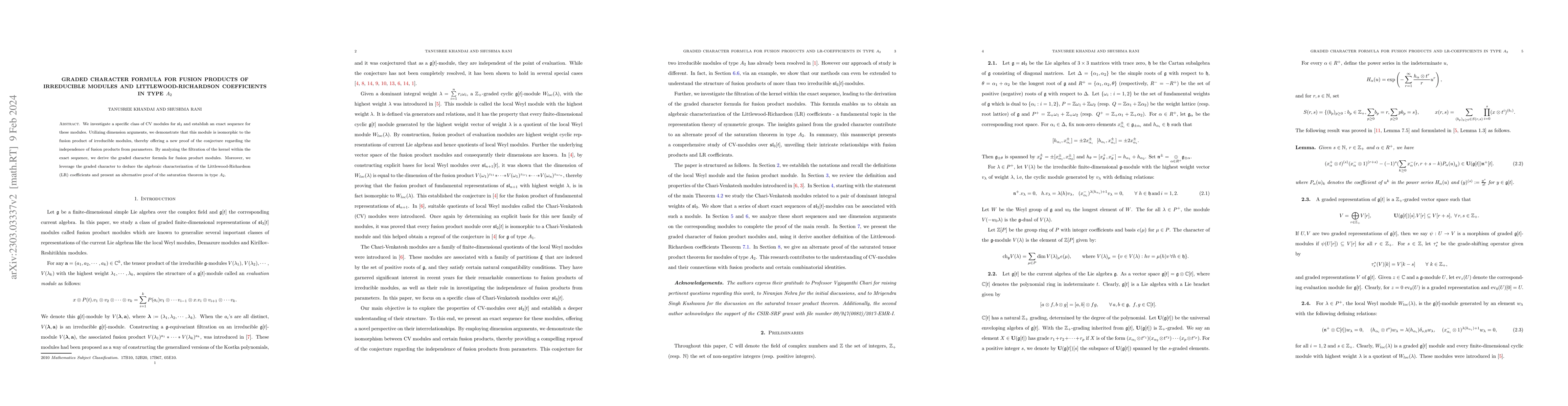 Thumbnail for Graded Character Formula for Fusion Products of Irreducible Modules and
  Littlewood-Richardson Coefficients in Type $A_2$