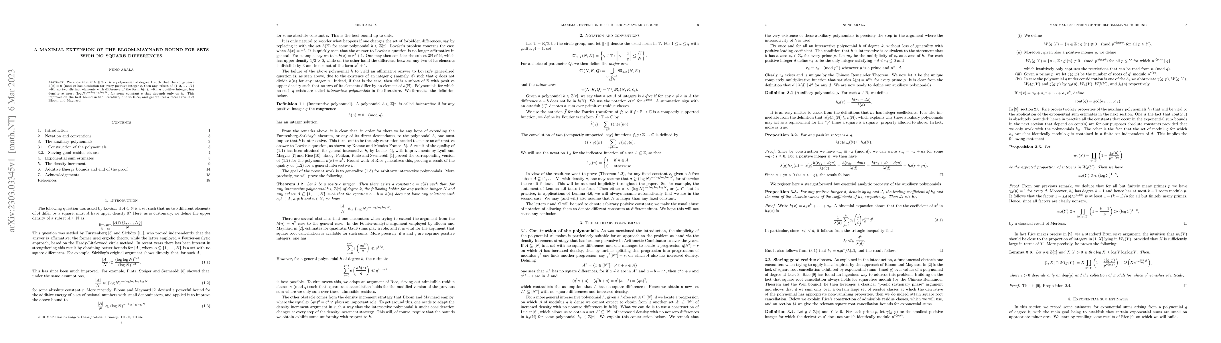 Thumbnail for A maximal extension of the Bloom-Maynard bound for sets with no square
  differences
