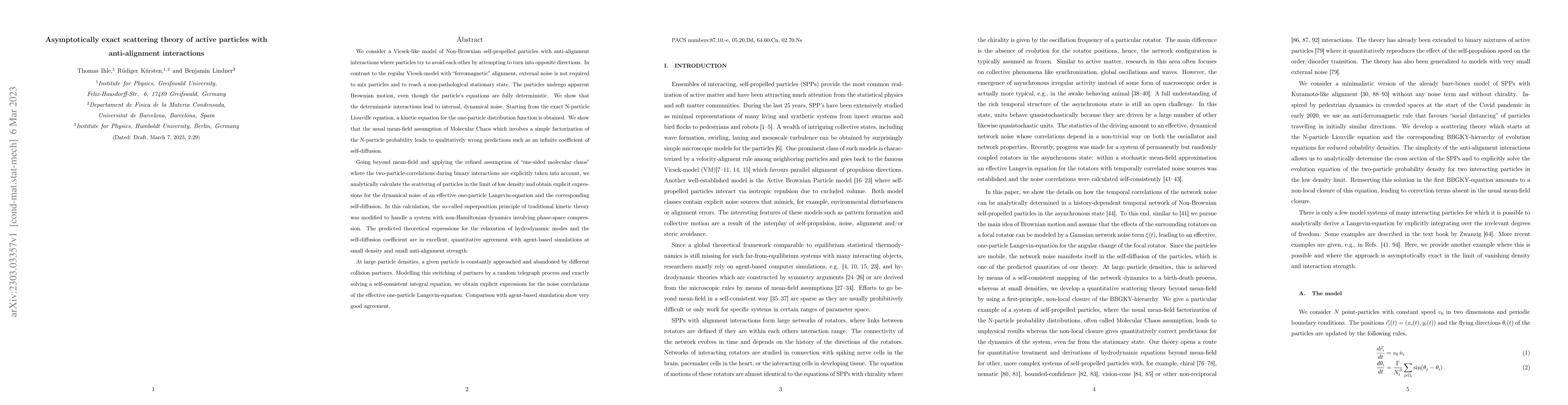 Thumbnail for Asymptotically exact scattering theory of active particles with
  anti-alignment interactions
