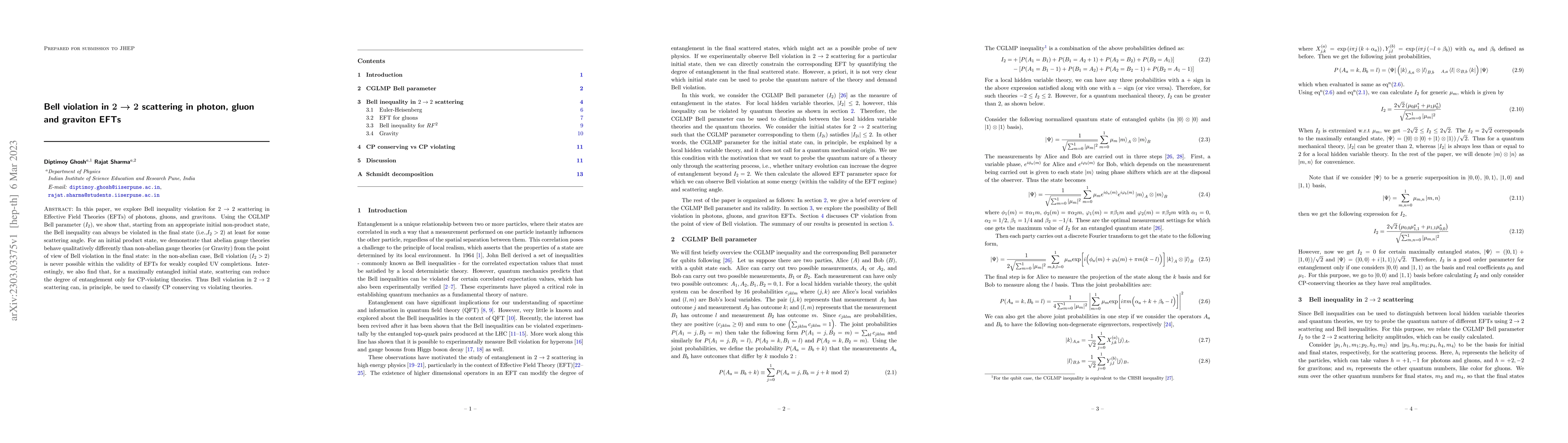 Thumbnail for Bell violation in $2\rightarrow 2$ scattering in photon, gluon and
  graviton EFTs