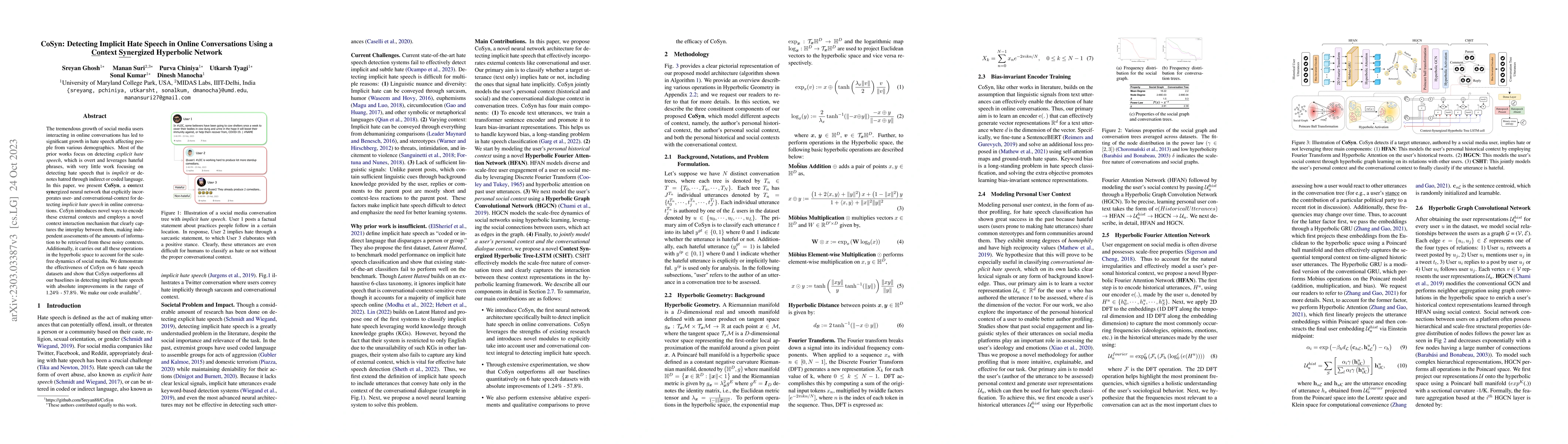 Thumbnail for CoSyn: Detecting Implicit Hate Speech in Online Conversations Using a
  Context Synergized Hyperbolic Network