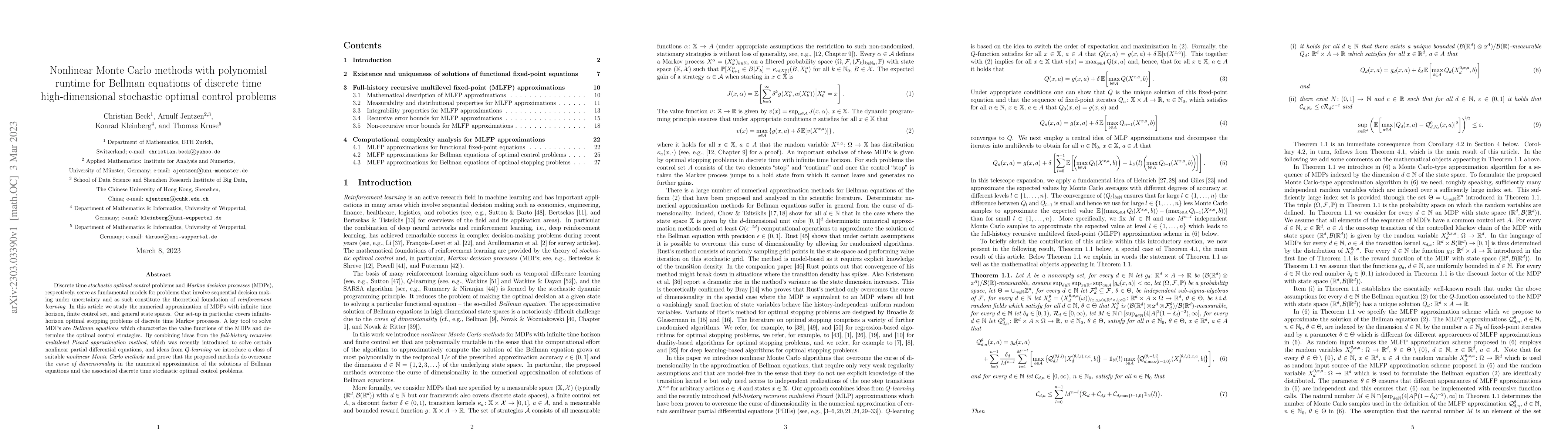Thumbnail for Nonlinear Monte Carlo methods with polynomial runtime for Bellman
  equations of discrete time high-dimensional stochastic optimal control
  problems